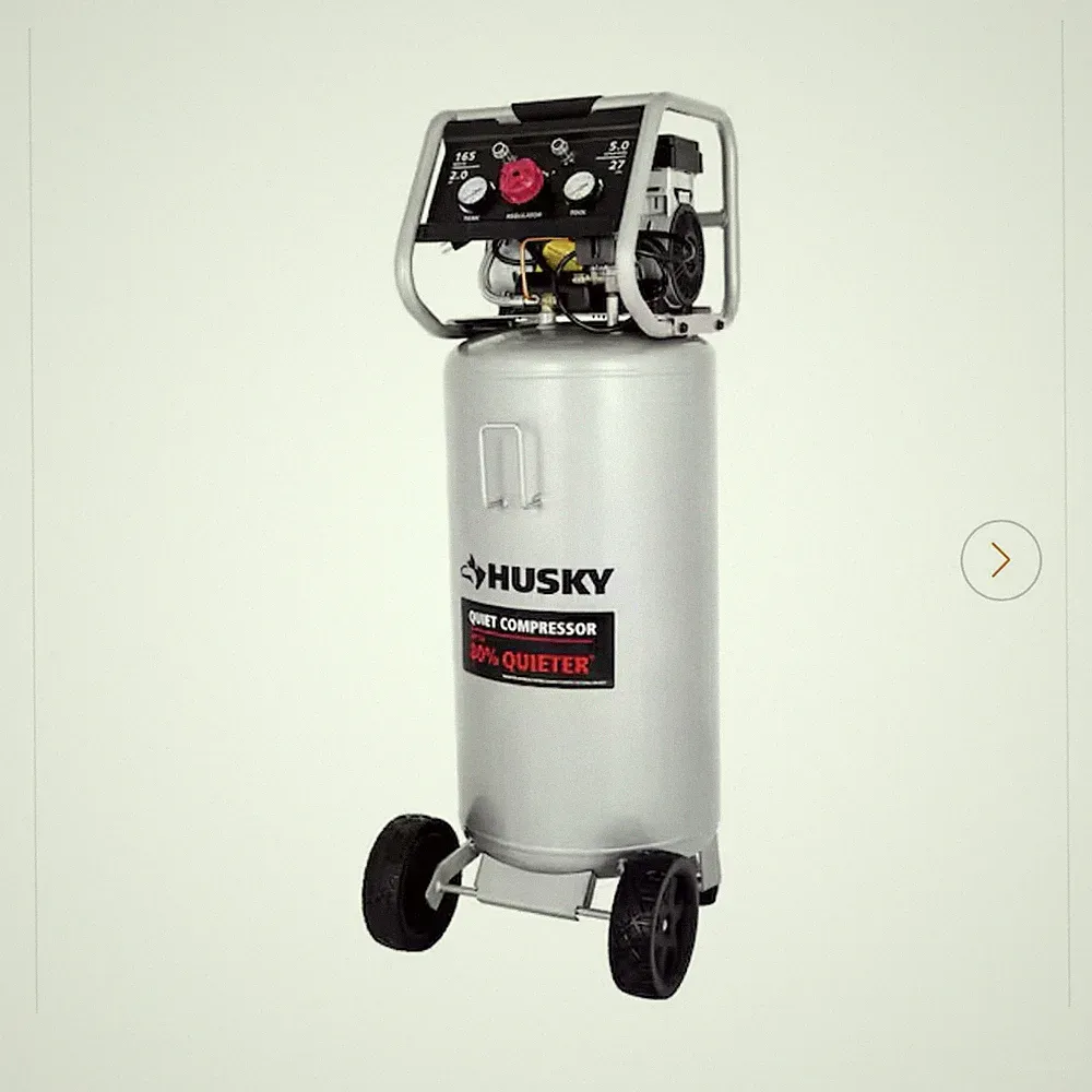 Husky Quiet Compressor Upright Portable Air Compressor with Wheels Silver Black